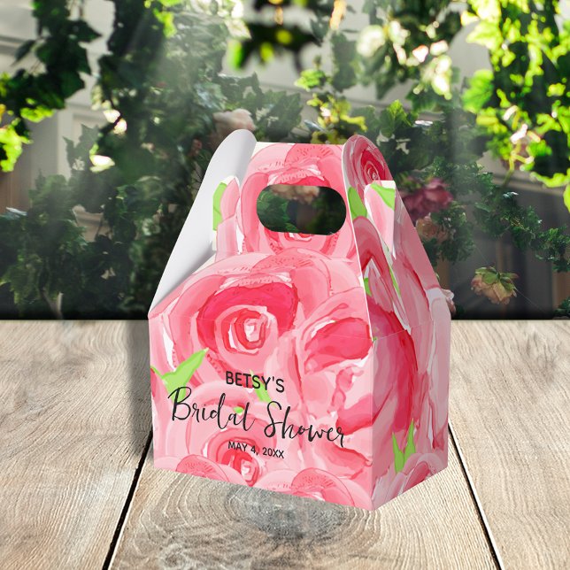 Watercolor Pink Roses Floral Gable Favor Box (4" x 2.5" x 5" gable style favor boxes ready to personalize for your occasion.)