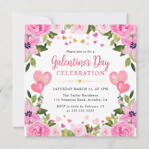 Watercolor Pink Roses Floral Galentine's Day Invitation