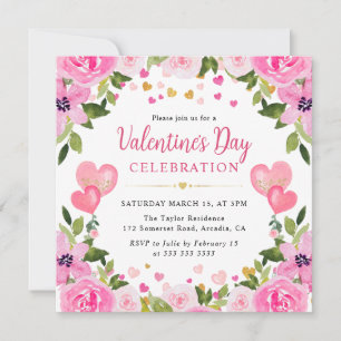 Watercolor Pink Roses Floral Valentine's Day Invitation