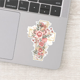 Watercolor Pink Roses Floral with Gold Cross 