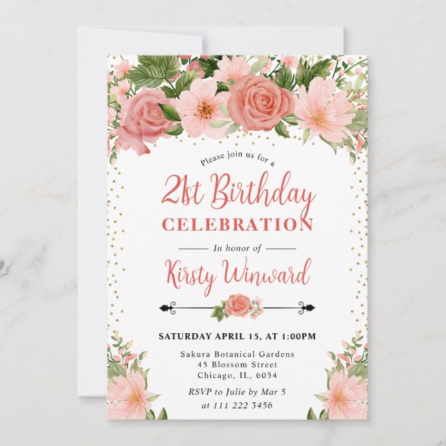 Watercolor Pink Roses Flowers 21st birthday Invitation (Front)