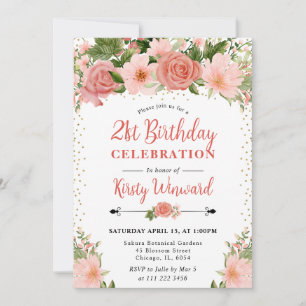 Watercolor Pink Roses Flowers 21st birthday Invitation