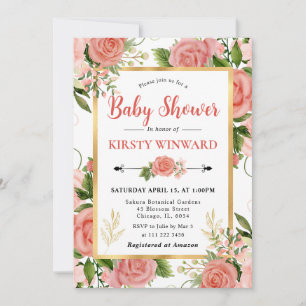 Watercolor Pink Roses Flowers Baby Shower Invitation