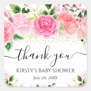 Watercolor Pink Roses Flowers Baby Shower Square Sticker
