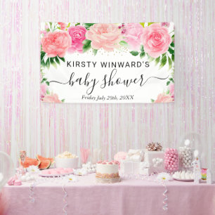 Watercolor Pink Roses Flowers Baby Shower Welcome Banner
