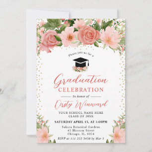 Watercolor Pink Roses Flowers Graduation Invitation