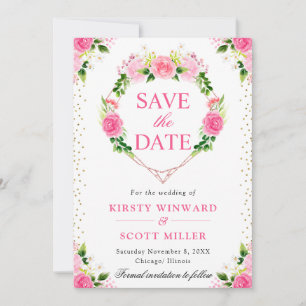 Watercolor Pink Roses Flowers Heart Wreath Wedding Save The Date