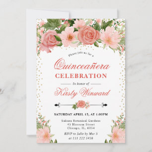 Watercolor Pink Roses Flowers Photo Quinceanera Invitation