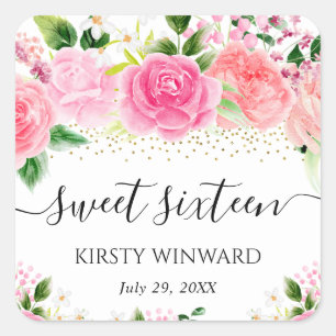 Watercolor Pink Roses Flowers Sweet Sixteen Square Sticker