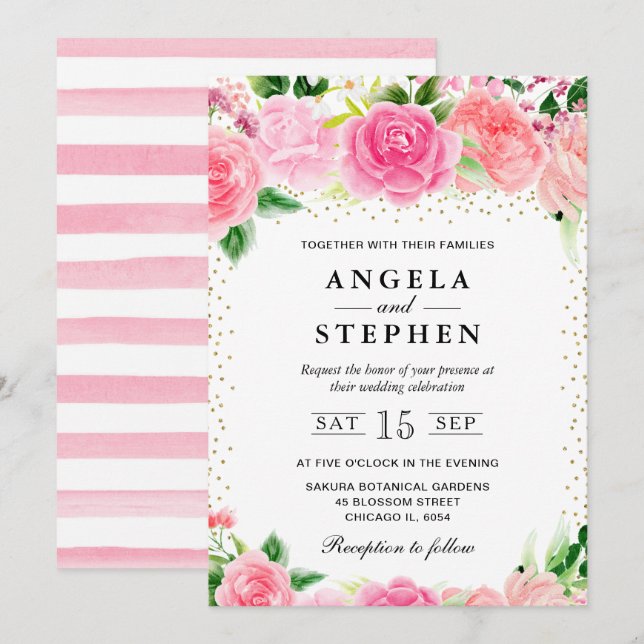 Watercolor Pink Roses Flowers Wedding Invitation (Front/Back)