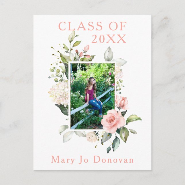Watercolor Pink Roses Frame Two Photo Graduation Announcement Postcard (Front)