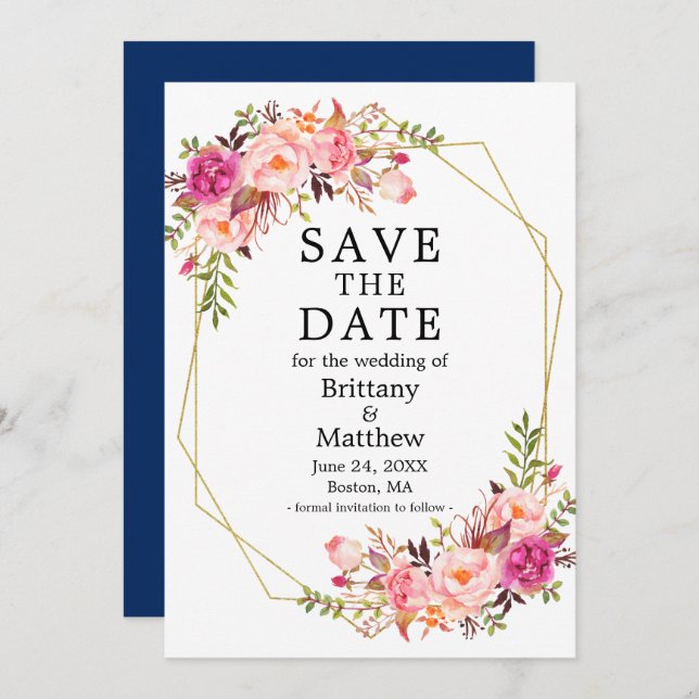 Watercolor Pink Roses Geo Frame Blue Save The Date (Front/Back)