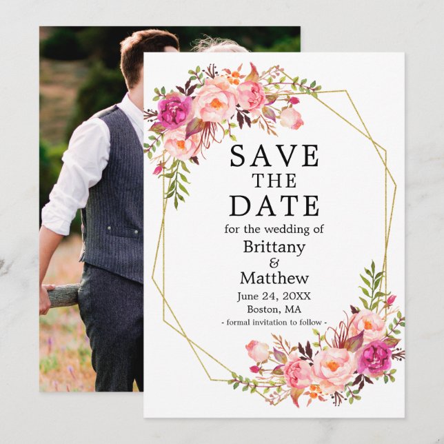 Watercolor Pink Roses Geo Frame Photo Save The Date (Front/Back)