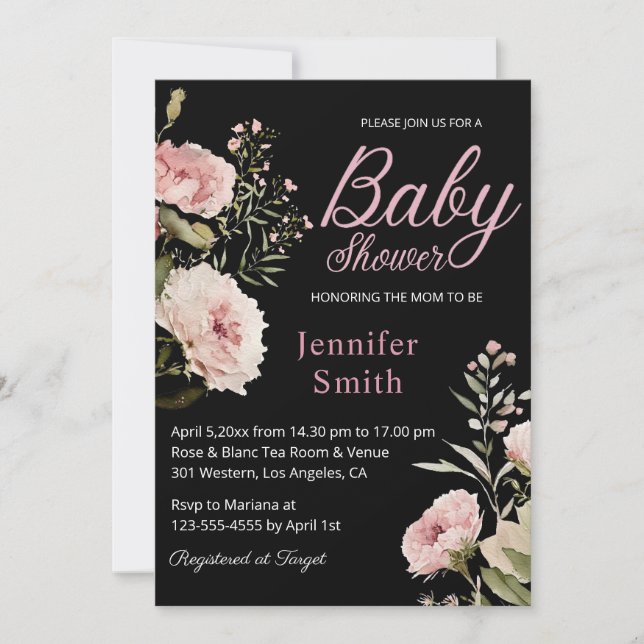watercolor pink roses girl baby shower invitation (Devant)