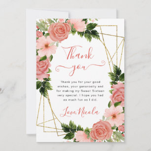 Watercolor Pink Roses Gold Frame Sweet 16 Thank You Card