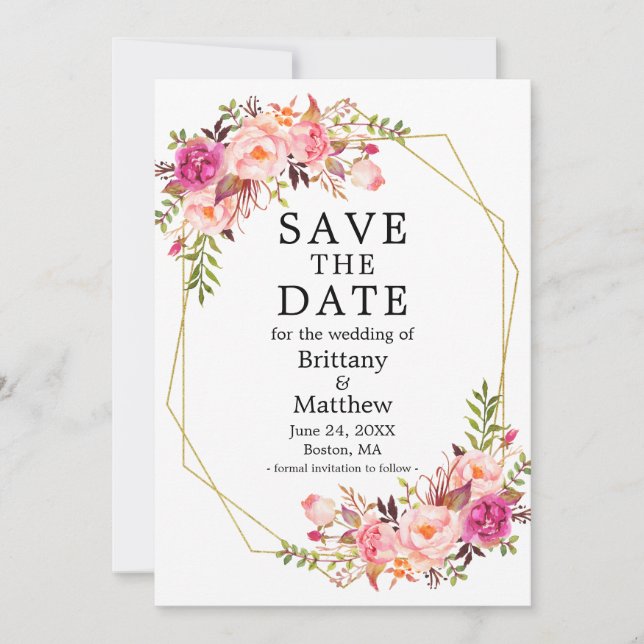 Watercolor Pink Roses Gold Geo Frame Save The Date (Front)