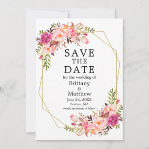 Watercolor Pink Roses Gold Geo Frame Save The Date