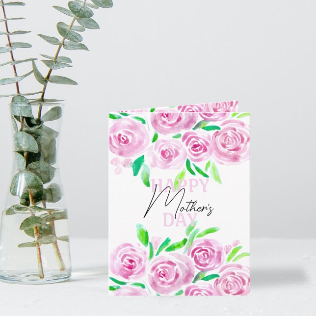 Watercolor Pink Roses Green Leaves Mother's Day Card (Creator Uploaded)
