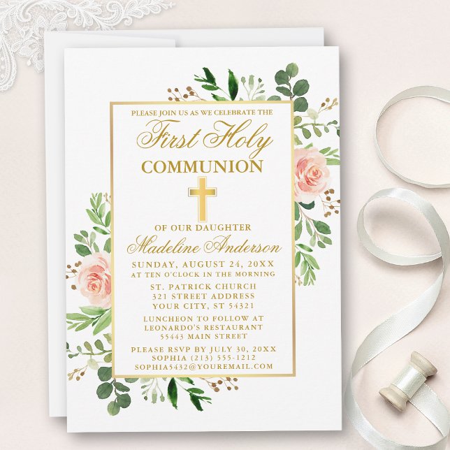 Watercolor Pink Roses Greenery First Communion Invitation (Customize to change text color, size, style or to add photos or more text to back of card.)