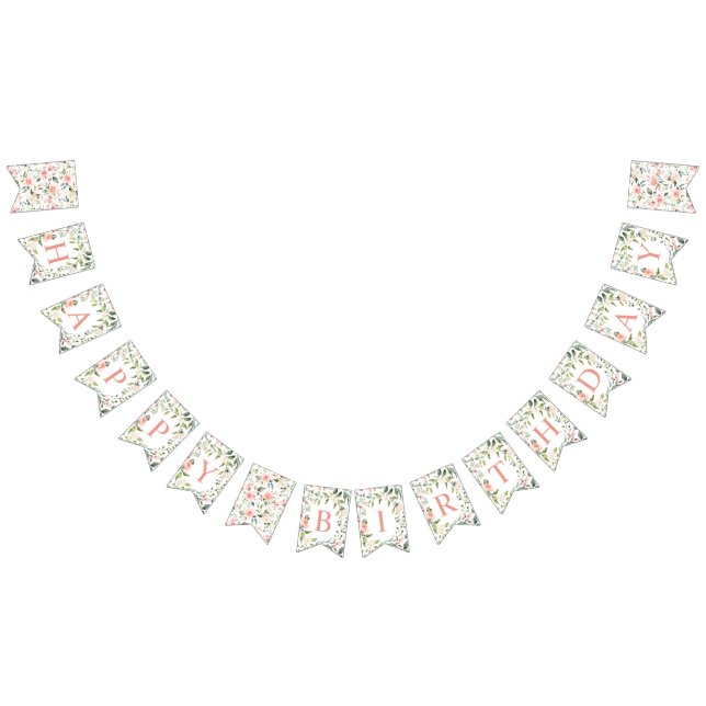 Watercolor Pink Roses Greenery Happy Birthday Bunting Flags (All)