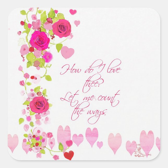 Watercolor Pink Roses Hearts Romantic Lovers  Square Sticker (Front)
