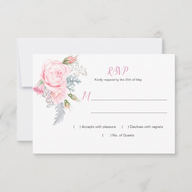 Watercolor Pink Roses Hydrangeas Greenery RSVP Card (Front)
