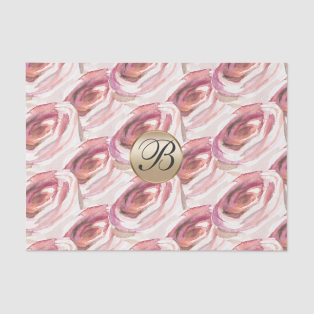 Watercolor Pink Roses Monogram Elegant Custom Tissue Paper (Front)