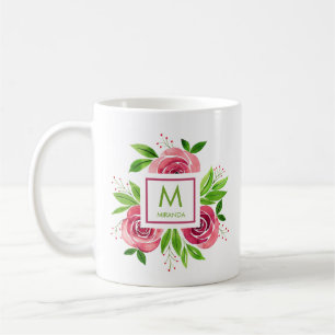 Watercolor Pink Roses Monogrammed Personalized Coffee Mug