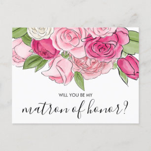 Watercolor Pink Roses My Matron Of Honour Postcard