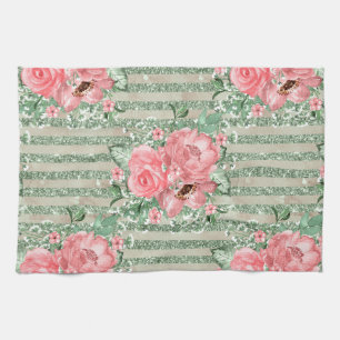 Watercolor Pink Roses on Green Glitter Stripes Kitchen Towel