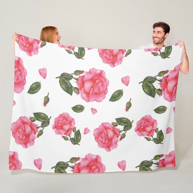 Watercolor Pink Roses Petals and Leaves Pattern Fleece Blanket (In Situ)