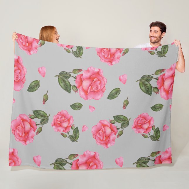 Watercolor Pink Roses Petals and Leaves Pattern Fleece Blanket (In Situ)