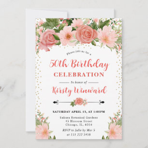 Watercolor Pink Roses & Photo 50th birthday Invitation