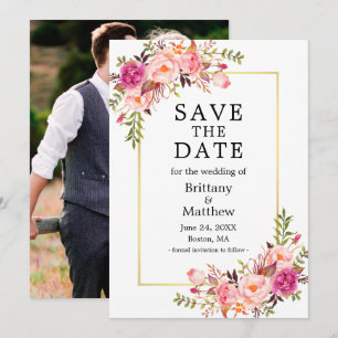 Watercolor Pink Roses Photo Gold Save The Date