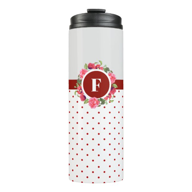Watercolor Pink Roses Red Poppies Wreath Monogram Thermal Tumbler (Front)