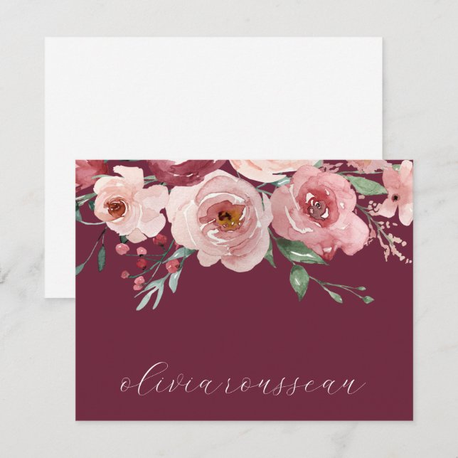 Watercolor Pink Roses Script Bordeaux Wine Card (Front/Back)