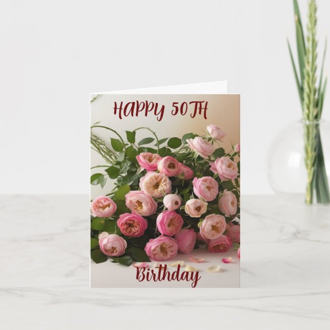 Watercolor Pink Roses Spring Bouquet 50th Card (Front)