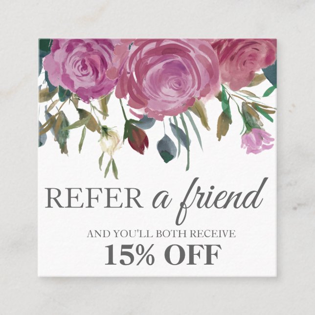 Watercolor pink roses square elegant referral card (Front)