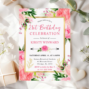 Watercolor Pink Roses Summer Flowers 21st Birthday Invitation