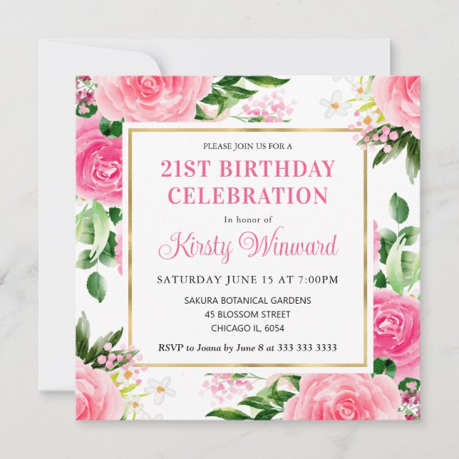 Watercolor Pink Roses Summer Flowers Birthday Invitation (Front)