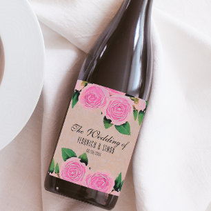 Watercolor Pink Roses Thank You Wedding Wine Label