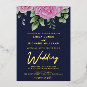 Watercolor Pink Roses Wedding Foil Invitation