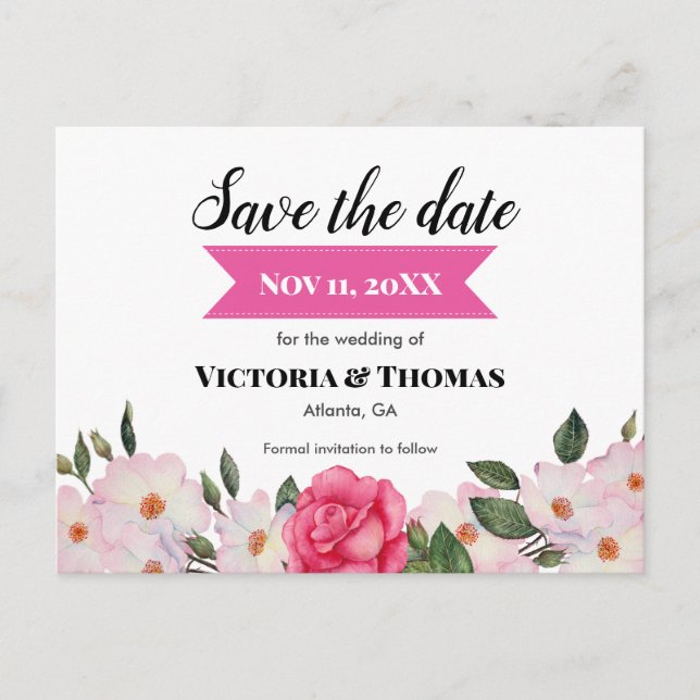 Watercolor Pink Roses Wedding Save The Date Announcement Postcard (Front)