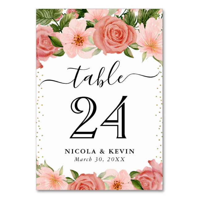 Watercolor Pink Roses Wedding Table Number (Front)