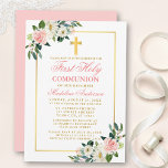 Watercolor Pink Roses White Floral First Communion Invitation<br><div class="desc">Elegant Watercolor Pink Blush White Floral First Holy Communion Invitation includes pink roses,  white flowers and greenery leaves. Gold Cross.</div>