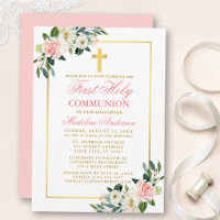Watercolor Pink Roses White Floral First Communion