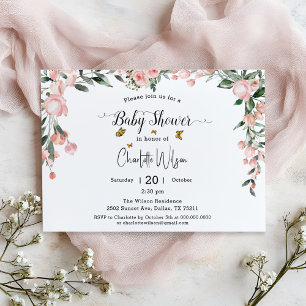 Watercolor Pink Roses with Butterflies Baby Shower Invitation