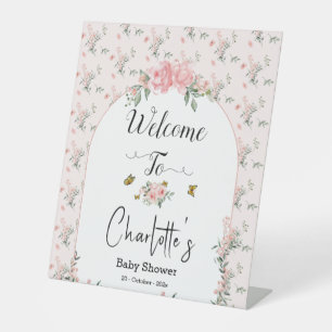 Watercolor Pink Roses with Butterflies Baby Shower Pedestal Sign