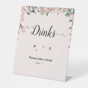 Watercolor Pink Roses with Butterflies Drinks Pedestal Sign
