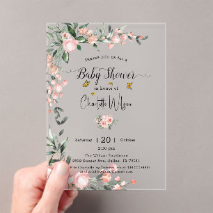 Watercolor Pink Roses with Butterfly Baby Shower Acrylic Invitations